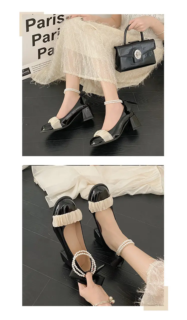 Mary Jane Shoes 2025 New Pearl Ribbon Bow High Heels Women's Square Toe Thick Heels Shallow Mouth Easiest for Match Shoes — feature 4
