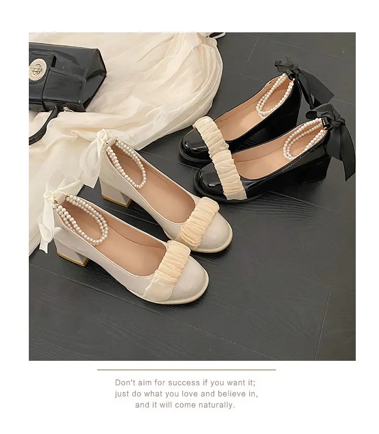 Mary Jane Shoes 2025 New Pearl Ribbon Bow High Heels Women's Square Toe Thick Heels Shallow Mouth Easiest for Match Shoes — feature 6