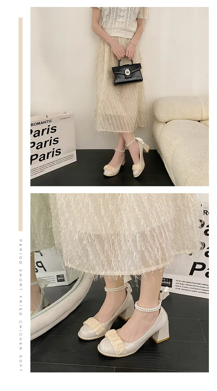 Mary Jane Shoes 2025 New Pearl Ribbon Bow High Heels Women's Square Toe Thick Heels Shallow Mouth Easiest for Match Shoes — feature 7