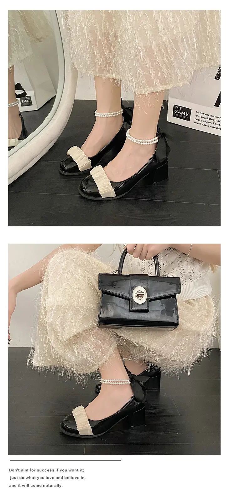 Mary Jane Shoes 2025 New Pearl Ribbon Bow High Heels Women's Square Toe Thick Heels Shallow Mouth Easiest for Match Shoes — feature 9