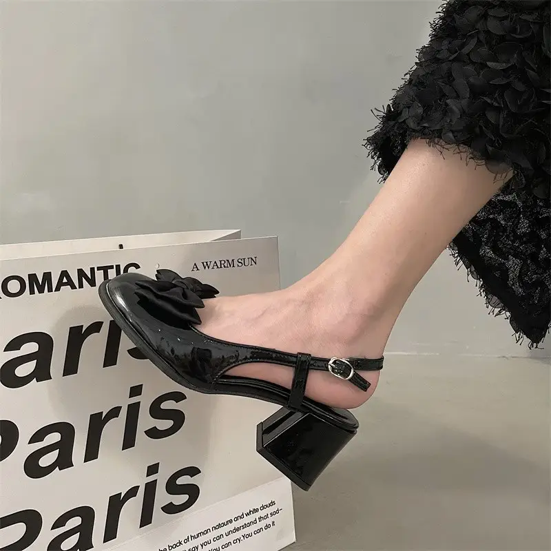Women's Black Bow Round Toe Heel Sandals 2025 - Image 5