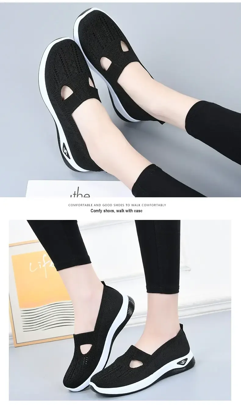 Adult model wearing black knit slip-on shoes, shown from above