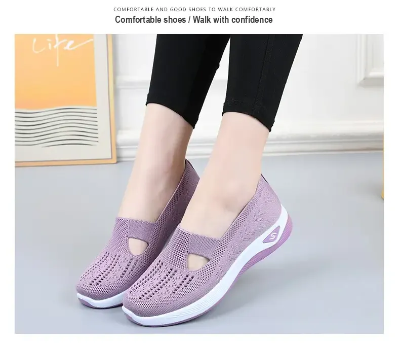 Adult model wearing light purple slip-on shoes