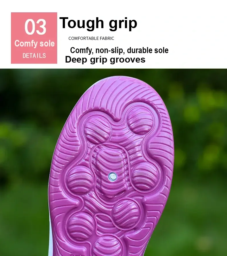 Underside of the purple shoe showing its patterned tread