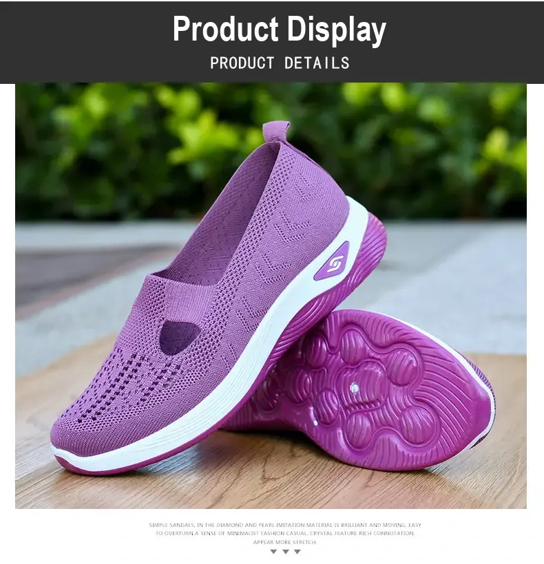 Purple slip-on shoe beside its patterned purple outsole