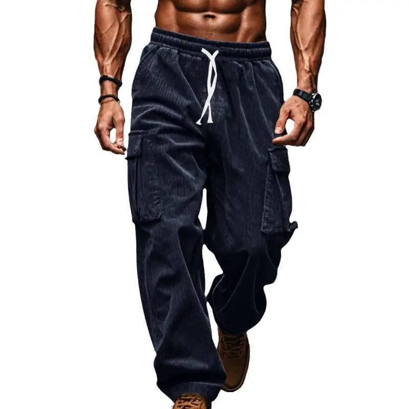Men's Black Corduroy Trousers Autumn Winter Wide Leg Multi Pocket - Image 7