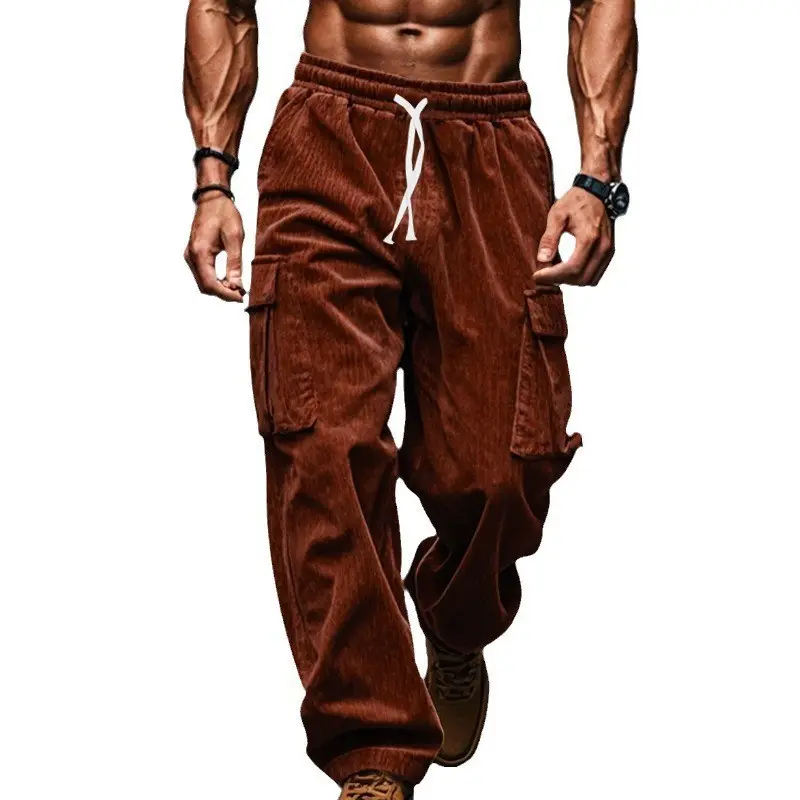 Men's Black Corduroy Trousers Autumn Winter Wide Leg Multi Pocket - Image 8