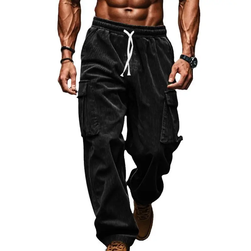 Men's Black Corduroy Trousers Autumn Winter Wide Leg Multi Pocket - Image 9