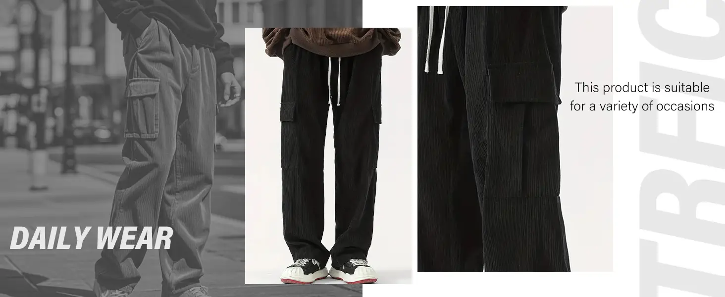 Men's Black Corduroy Trousers Autumn Winter Wide Leg Multi Pocket — feature 10