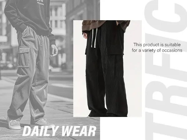 Men's Black Corduroy Trousers Autumn Winter Wide Leg Multi Pocket — feature 11