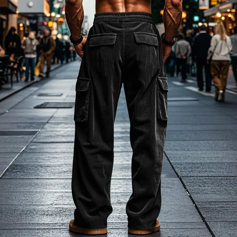 Men's Black Corduroy Trousers Autumn Winter Wide Leg Multi Pocket — feature 22