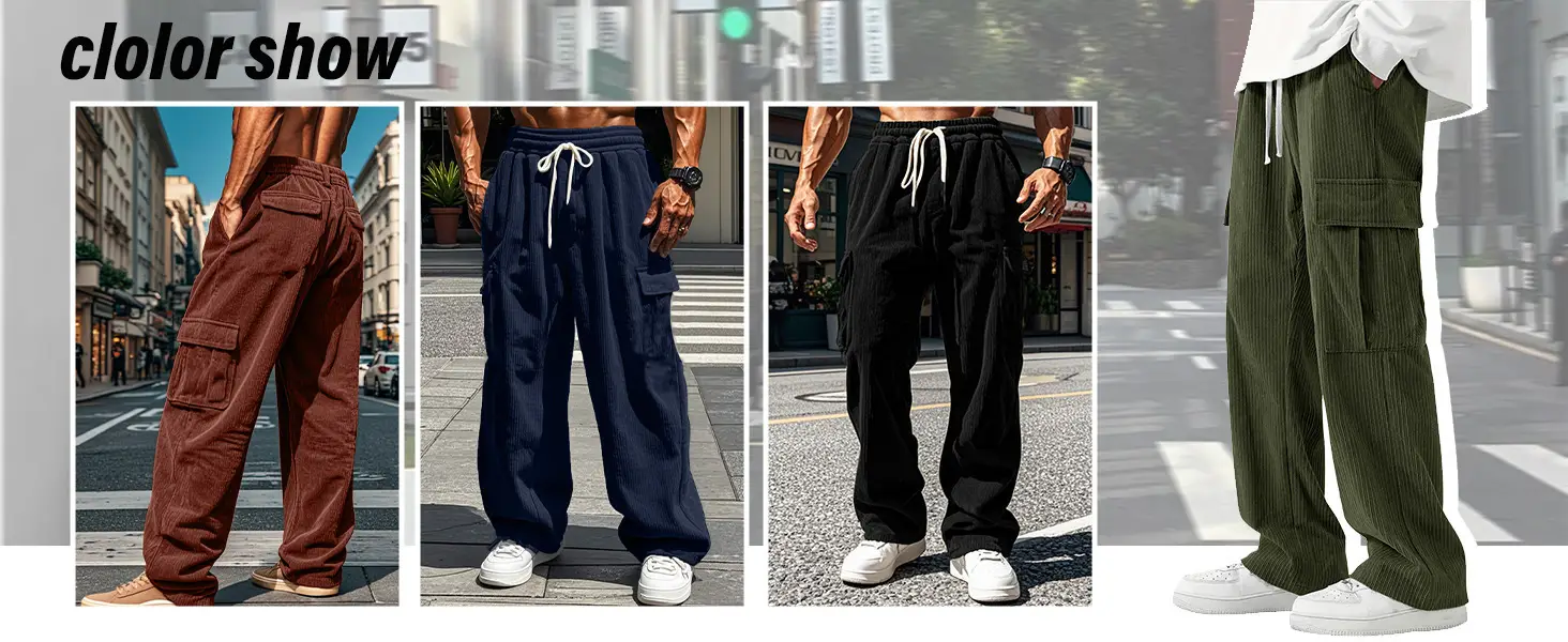 Men's Black Corduroy Trousers Autumn Winter Wide Leg Multi Pocket — feature 4