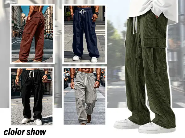 Men's Black Corduroy Trousers Autumn Winter Wide Leg Multi Pocket — feature 5