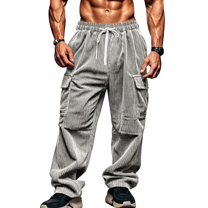 Men's Black Corduroy Trousers Autumn Winter Wide Leg Multi Pocket - Image 2