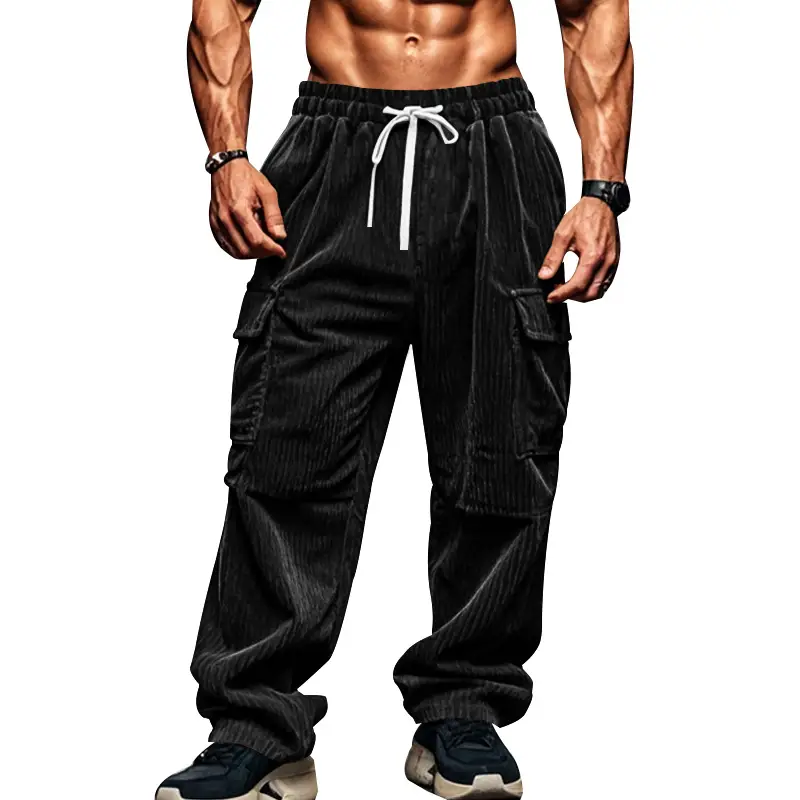 Men's Black Corduroy Trousers Autumn Winter Wide Leg Multi Pocket - Image 3