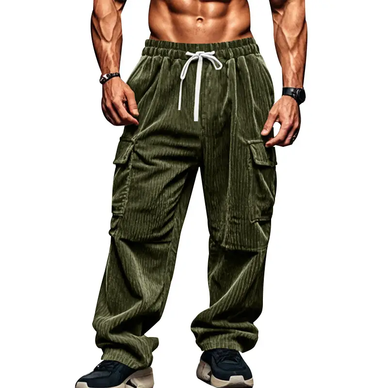 Men's Black Corduroy Trousers Autumn Winter Wide Leg Multi Pocket - Image 4