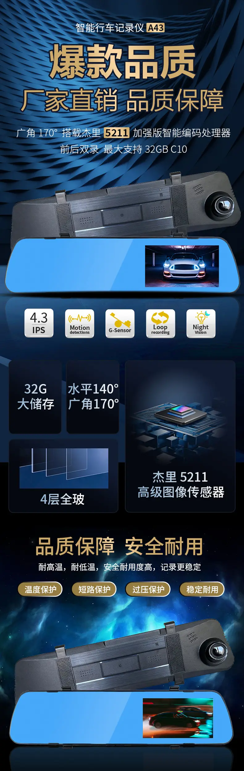 4.3inch Hd Night Vision Driving Recorder Front and Rear Dual Recording 1080 High-Definition Reversing Image Rearview Mirror Recorder — feature 1
