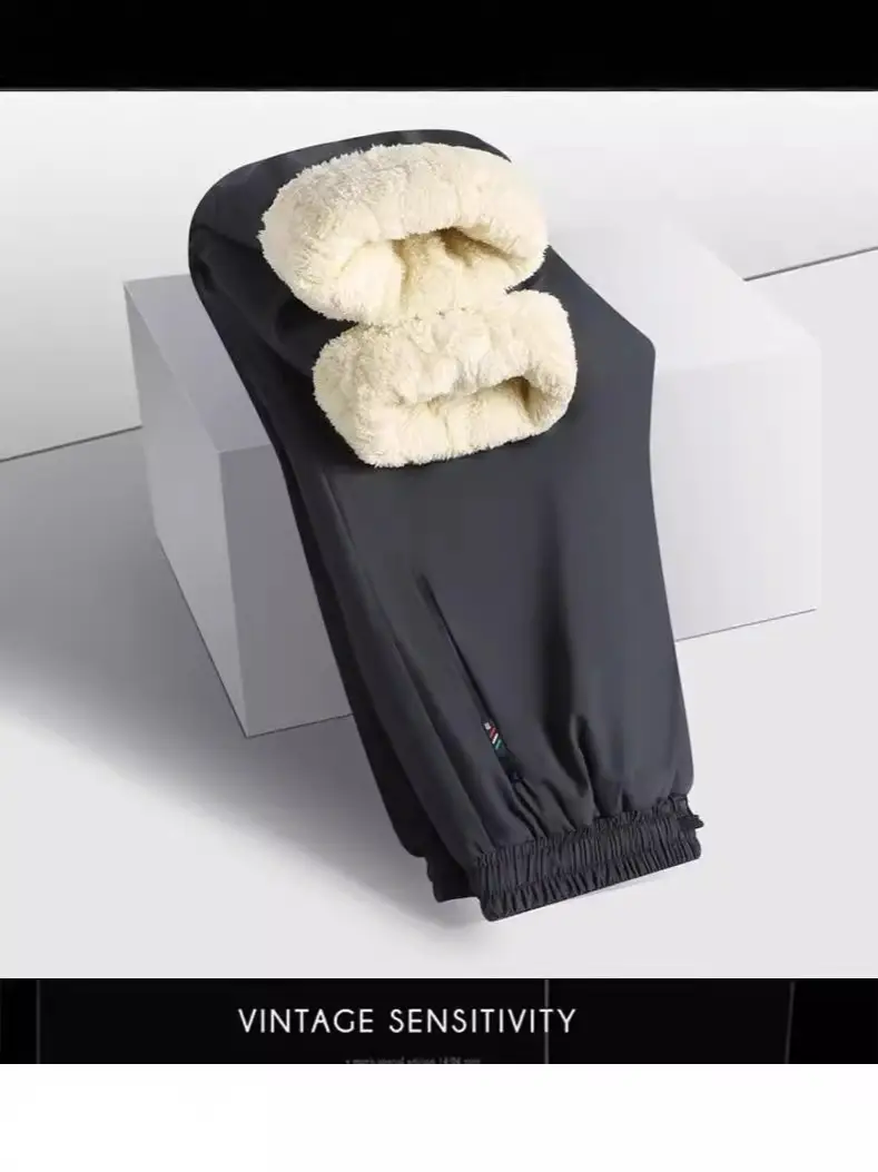 Winter Windproof Fleece Knee Pants Black Beige - Image 2