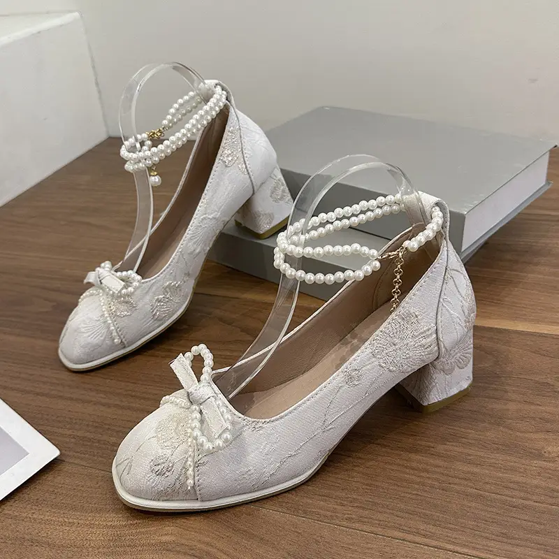 High Heels for Women 2025 New New Chinoiserie Bow Pearl Chain Square Toe Shallow Mouth Thick Heel Versatile Mary Jane Shoes - Image 3