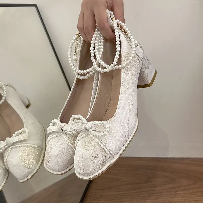 High Heels for Women 2025 New New Chinoiserie Bow Pearl Chain Square Toe Shallow Mouth Thick Heel Versatile Mary Jane Shoes - Image 5