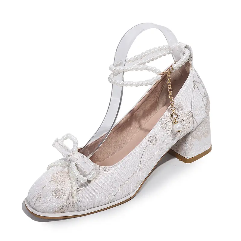 High Heels for Women 2025 New New Chinoiserie Bow Pearl Chain Square Toe Shallow Mouth Thick Heel Versatile Mary Jane Shoes - Image 6