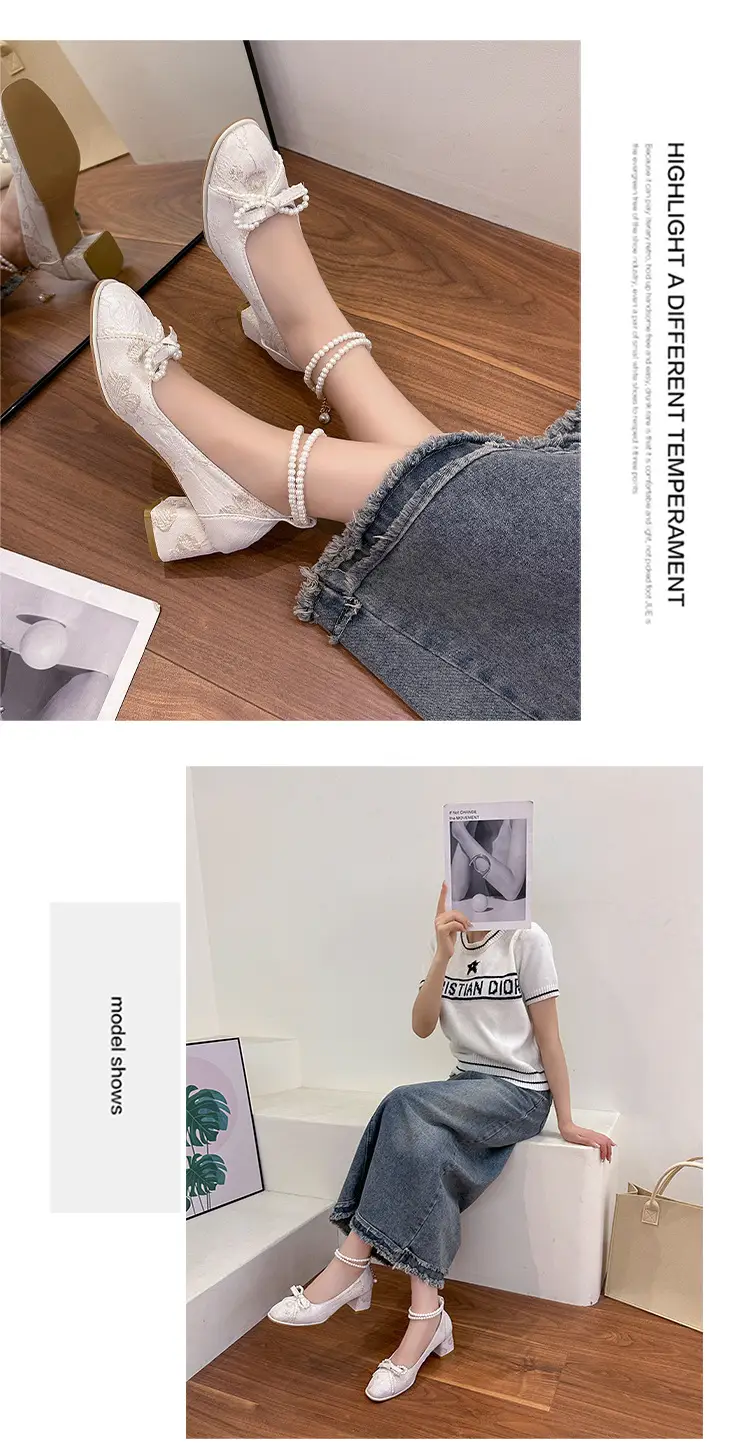 High Heels for Women 2025 New New Chinoiserie Bow Pearl Chain Square Toe Shallow Mouth Thick Heel Versatile Mary Jane Shoes — feature 10
