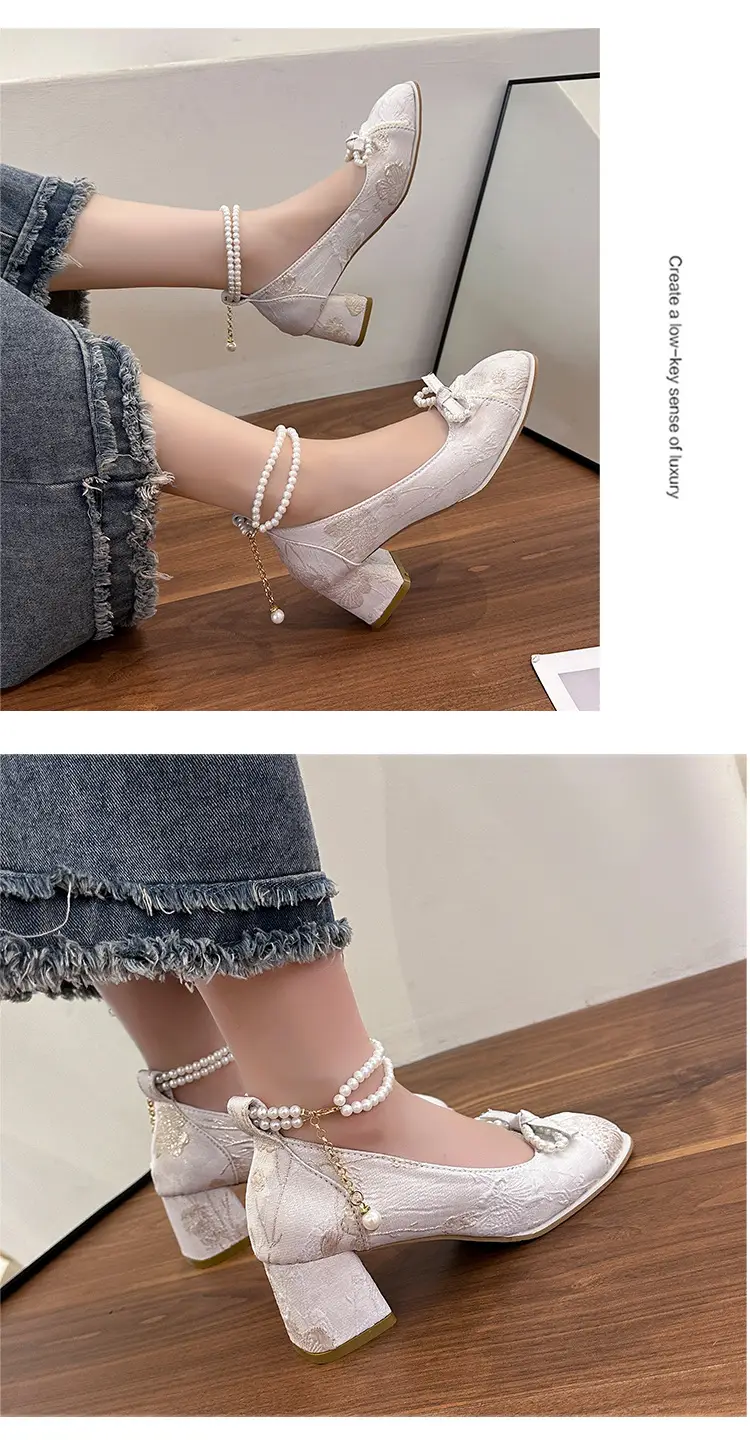High Heels for Women 2025 New New Chinoiserie Bow Pearl Chain Square Toe Shallow Mouth Thick Heel Versatile Mary Jane Shoes — feature 11