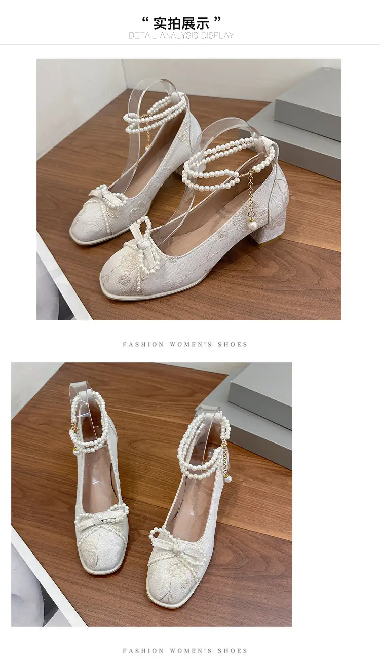 High Heels for Women 2025 New New Chinoiserie Bow Pearl Chain Square Toe Shallow Mouth Thick Heel Versatile Mary Jane Shoes — feature 12
