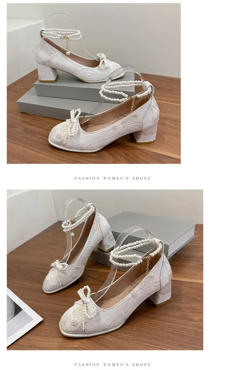 High Heels for Women 2025 New New Chinoiserie Bow Pearl Chain Square Toe Shallow Mouth Thick Heel Versatile Mary Jane Shoes — feature 13