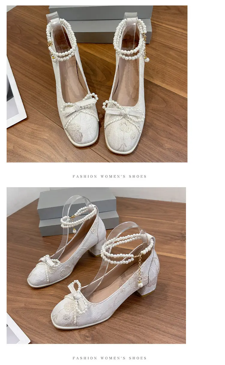High Heels for Women 2025 New New Chinoiserie Bow Pearl Chain Square Toe Shallow Mouth Thick Heel Versatile Mary Jane Shoes — feature 14