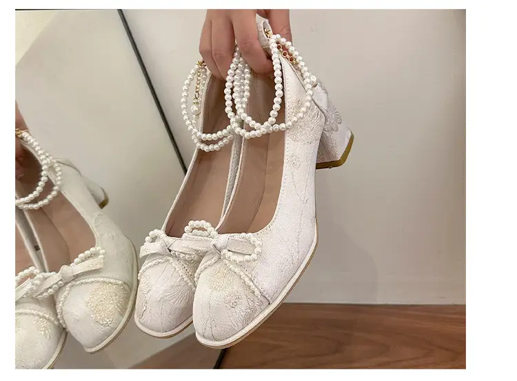 High Heels for Women 2025 New New Chinoiserie Bow Pearl Chain Square Toe Shallow Mouth Thick Heel Versatile Mary Jane Shoes — feature 15