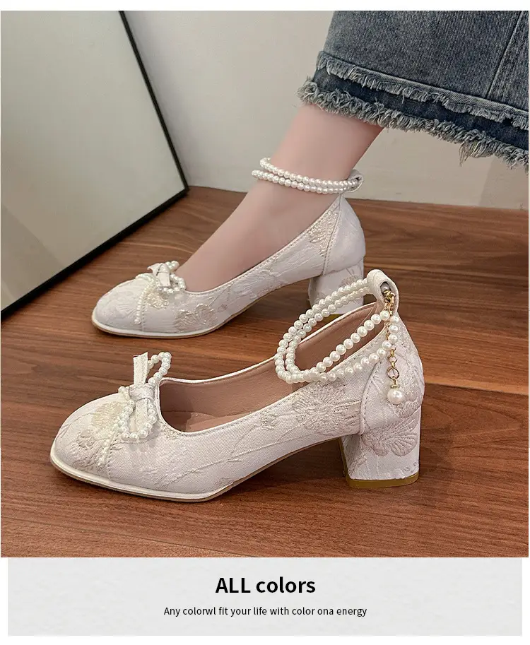 High Heels for Women 2025 New New Chinoiserie Bow Pearl Chain Square Toe Shallow Mouth Thick Heel Versatile Mary Jane Shoes — feature 3