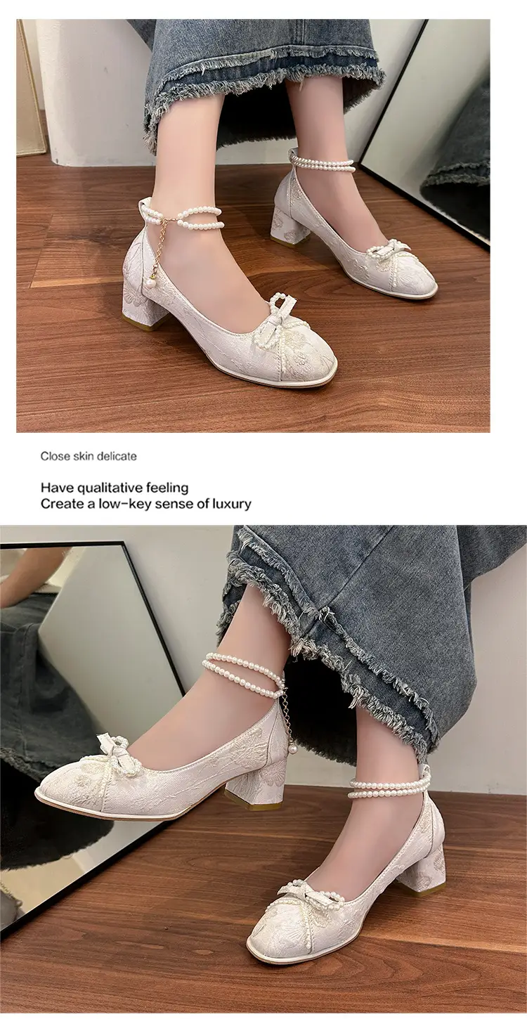 High Heels for Women 2025 New New Chinoiserie Bow Pearl Chain Square Toe Shallow Mouth Thick Heel Versatile Mary Jane Shoes — feature 7