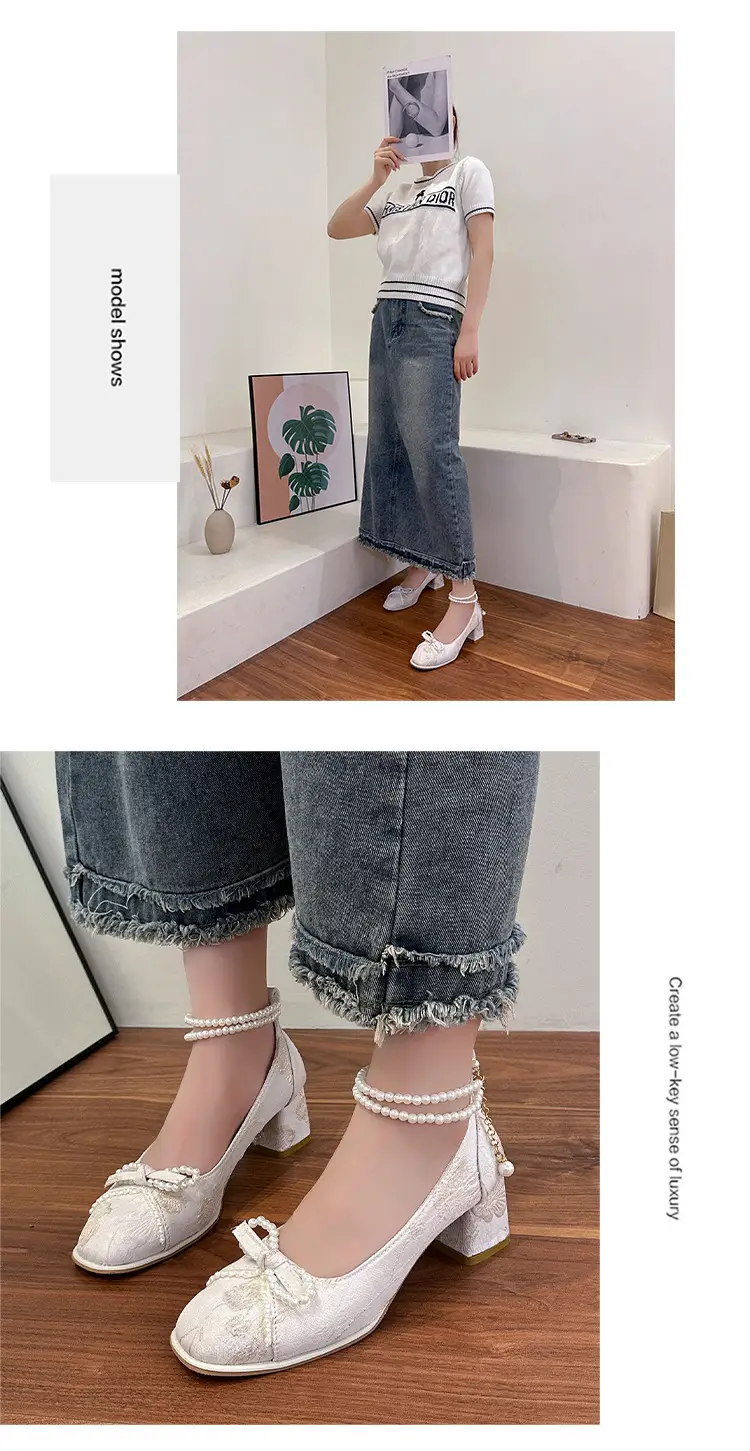 High Heels for Women 2025 New New Chinoiserie Bow Pearl Chain Square Toe Shallow Mouth Thick Heel Versatile Mary Jane Shoes — feature 8