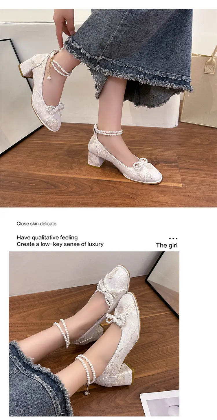 High Heels for Women 2025 New New Chinoiserie Bow Pearl Chain Square Toe Shallow Mouth Thick Heel Versatile Mary Jane Shoes — feature 9