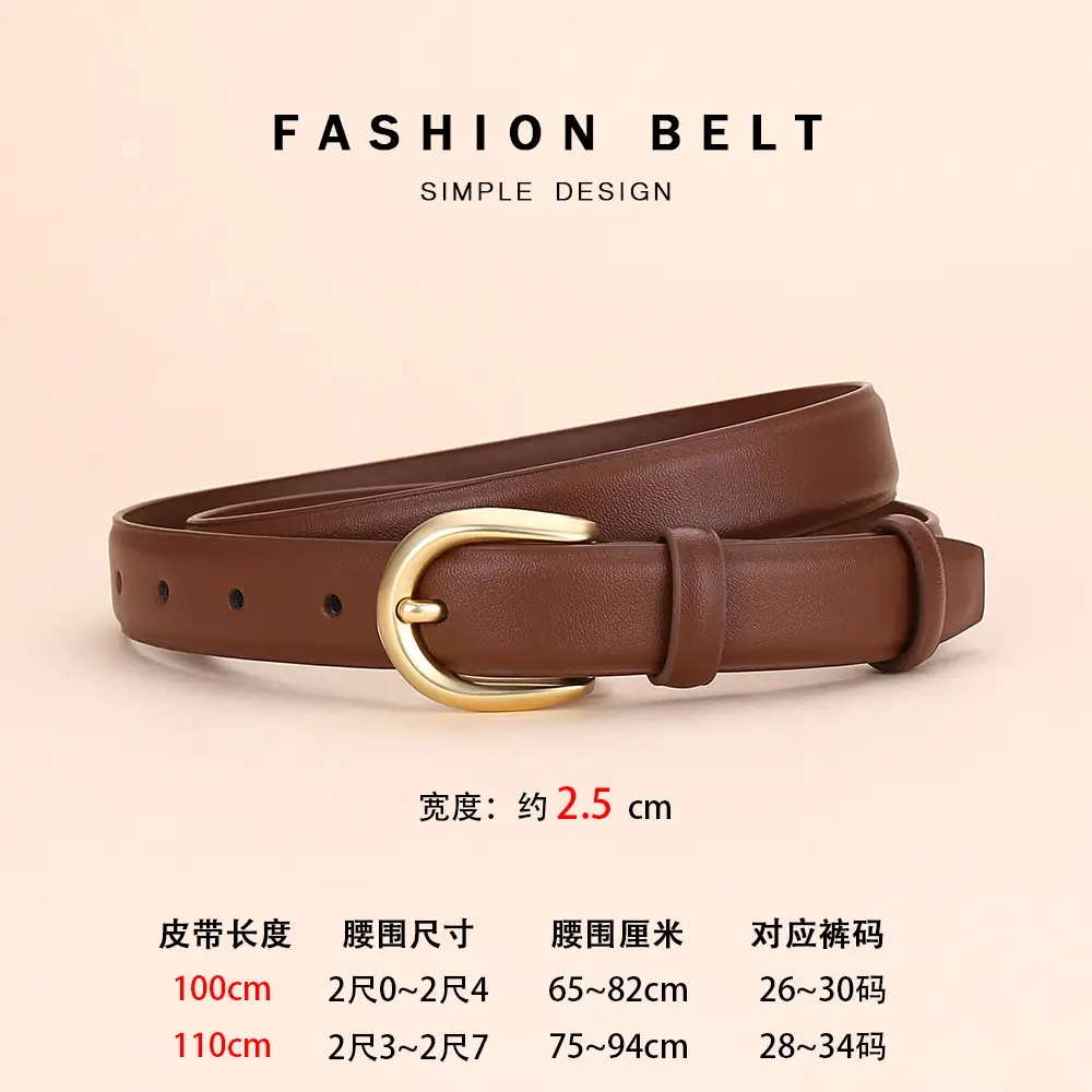 Women's Leather Belt Brown Gold Buckle 100cm - Image 2