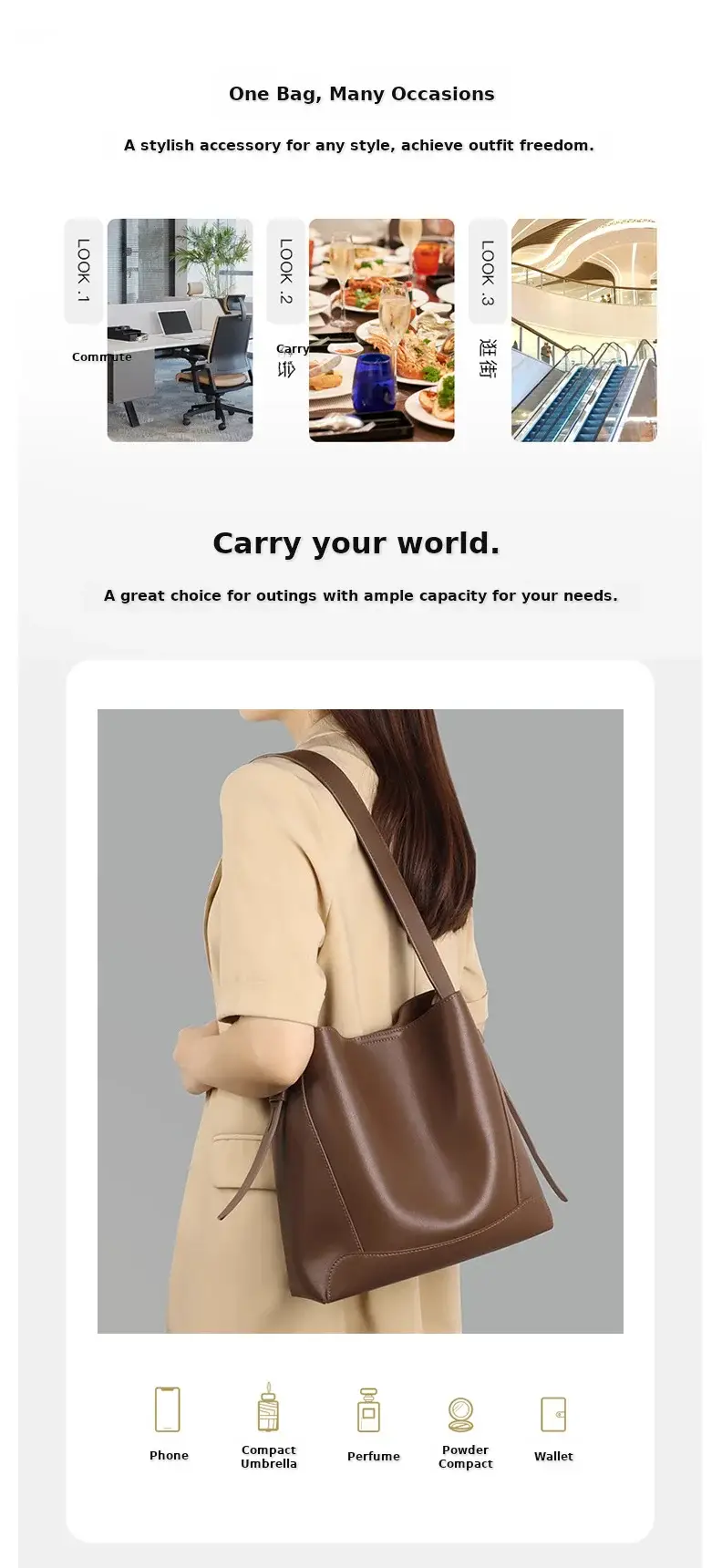 Retro Large Capacity Bucket Bag Brown Commuter Bag — feature 5