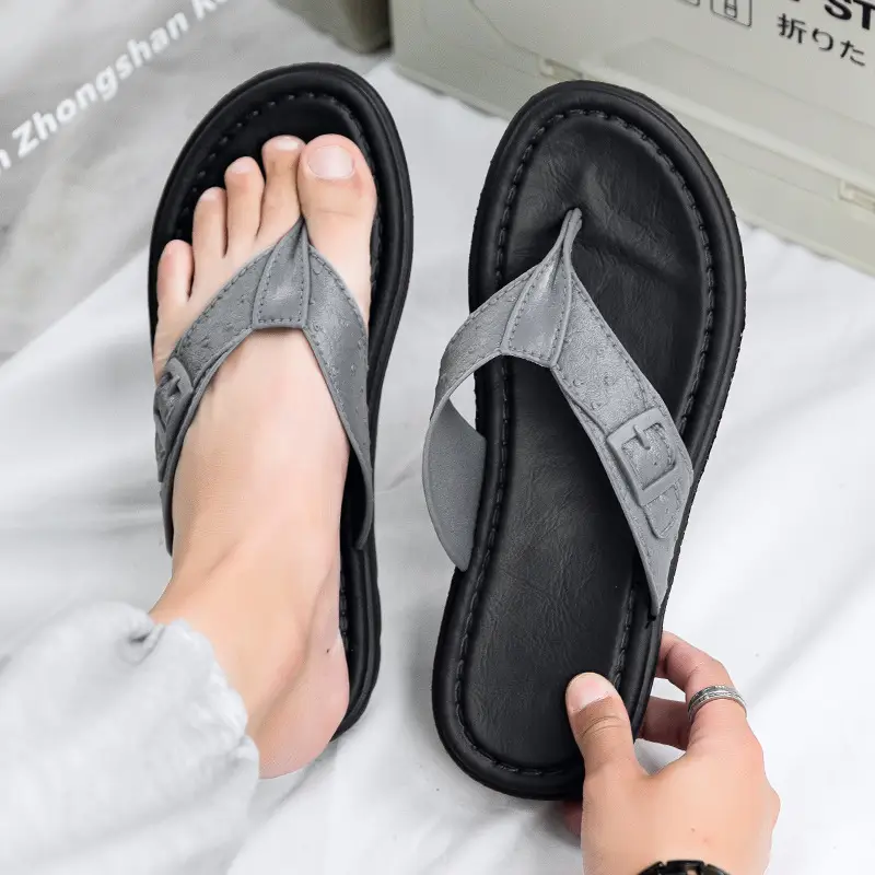 Men's Black Waterproof Leather Flip Flops Summer - Image 6