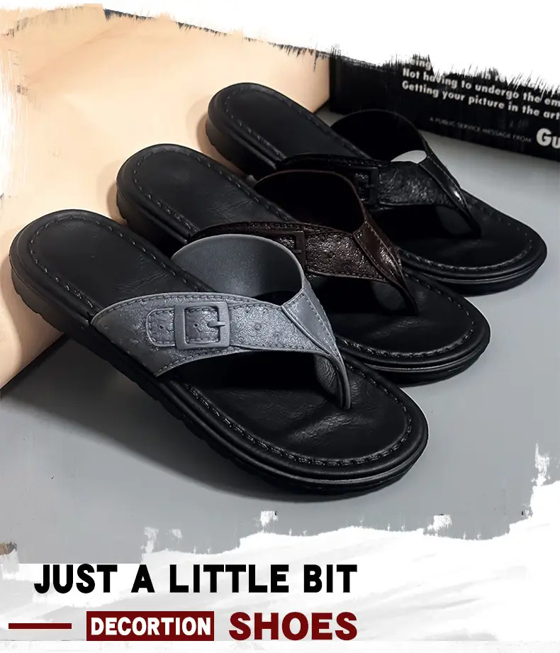 Men's Black Waterproof Leather Flip Flops Summer — feature 2