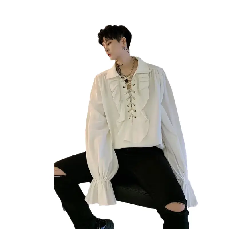 White Ruffled Drawstring Long Sleeve Shirt - Image 6