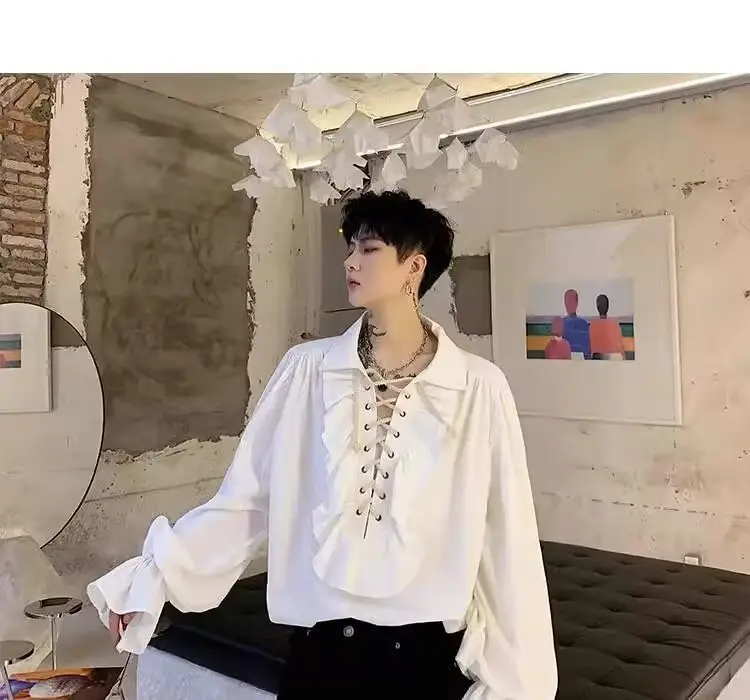 White Ruffled Drawstring Long Sleeve Shirt — feature 1