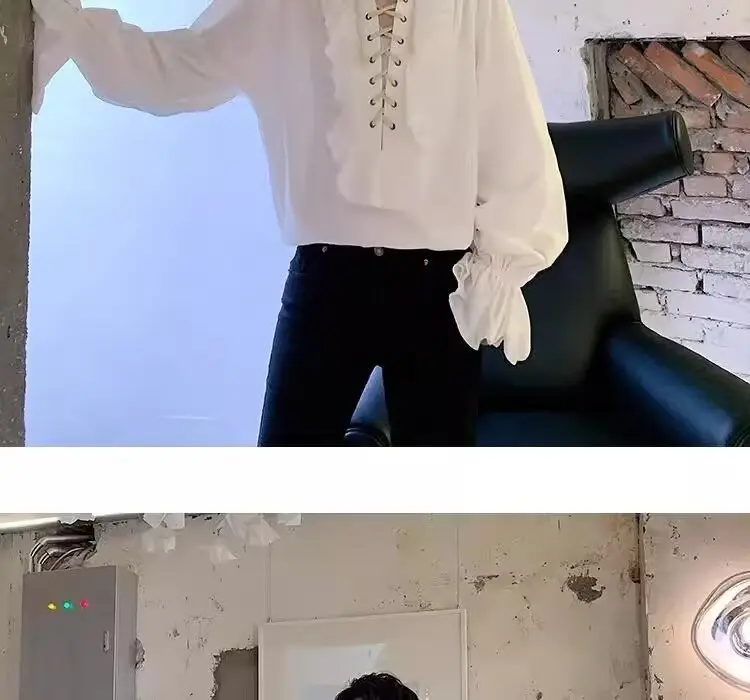 White Ruffled Drawstring Long Sleeve Shirt — feature 5