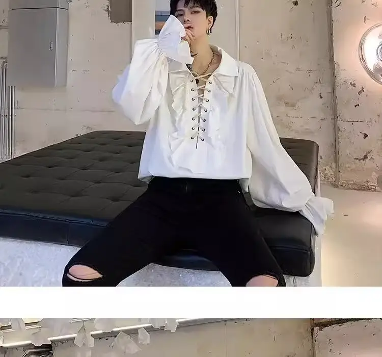 White Ruffled Drawstring Long Sleeve Shirt — feature 6