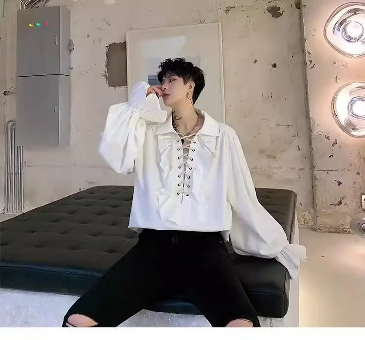 White Ruffled Drawstring Long Sleeve Shirt — feature 7