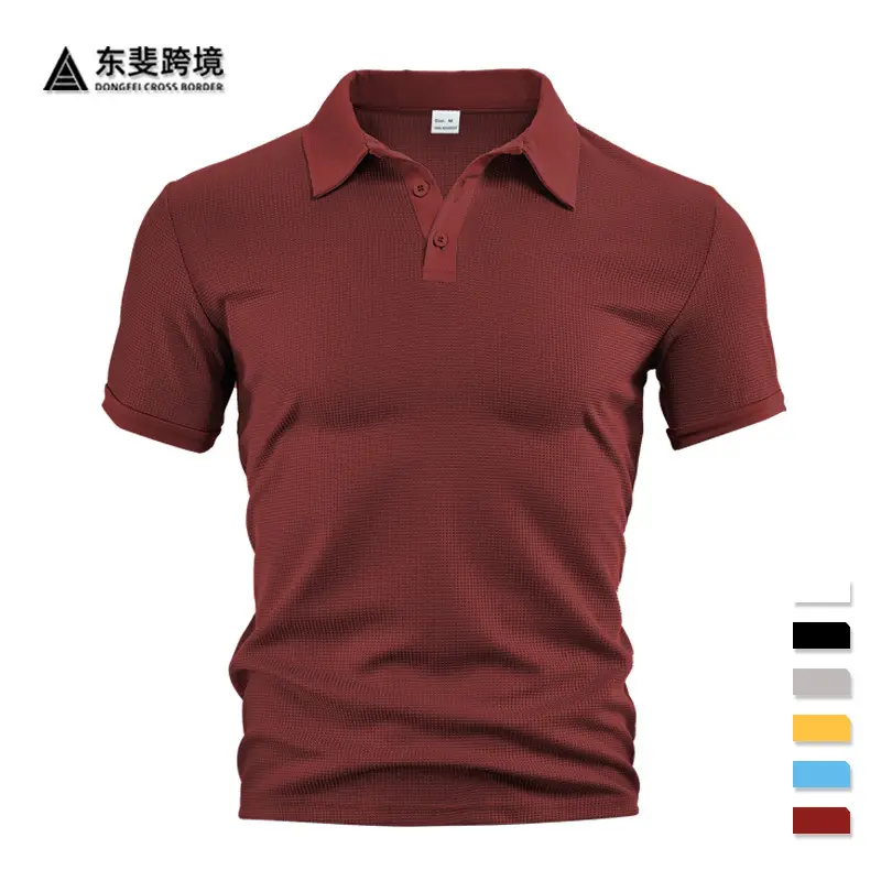 Men's Red Waffle Knit Polo Shirt Button Collar - Image 7