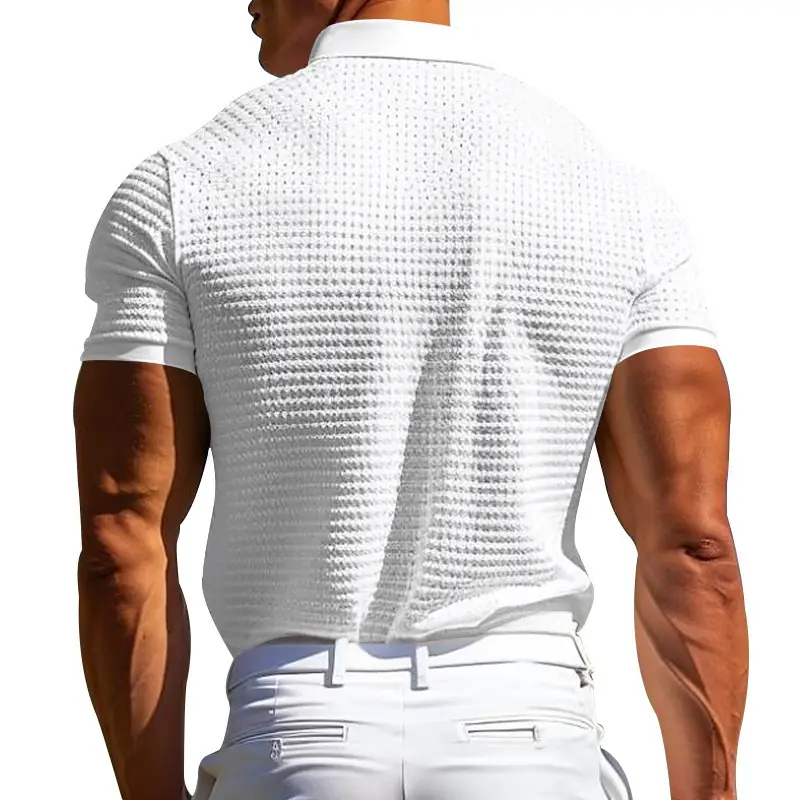 Men's Red Waffle Knit Polo Shirt Button Collar — feature 32