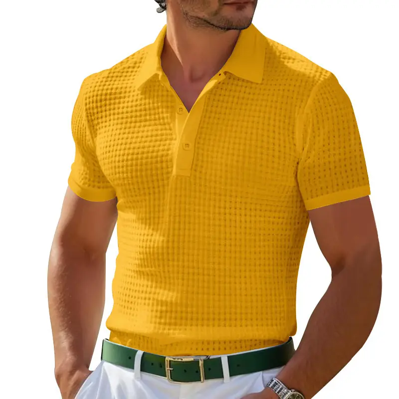 Men's Red Waffle Knit Polo Shirt Button Collar — feature 5