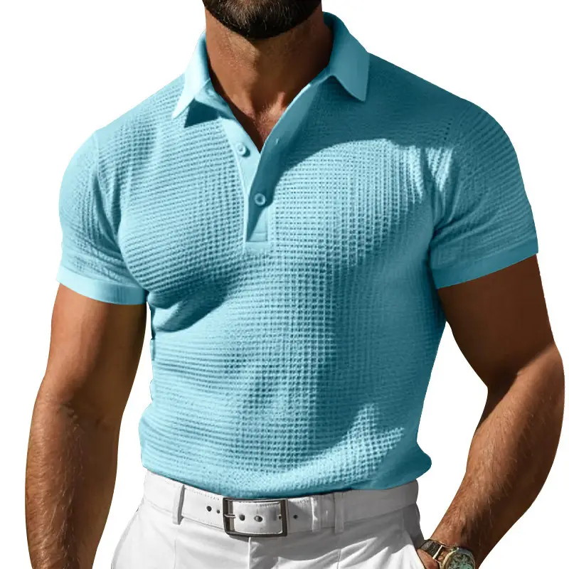 Men's Red Waffle Knit Polo Shirt Button Collar - Image 2