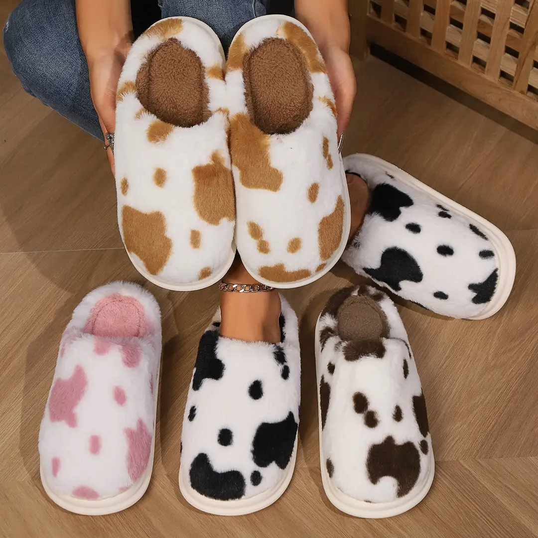 Cross-Border Spotted Furry Slippers, Home Non-Slip Cotton Slippers for Women, Fleece-Lined Warm Winter Furry Thick-Soled Slippers for Men