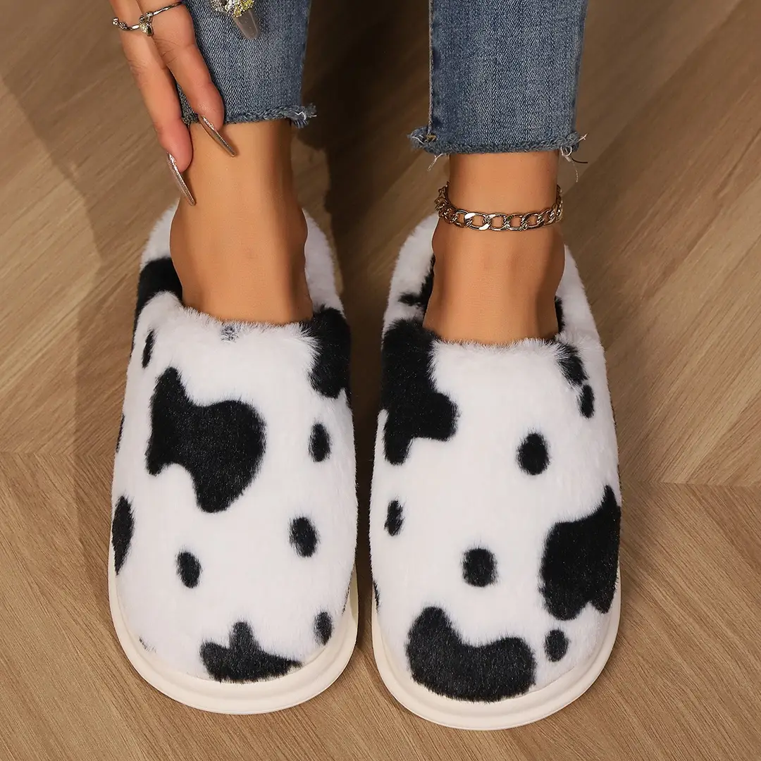 Cross-Border Spotted Furry Slippers, Home Non-Slip Cotton Slippers for Women, Fleece-Lined Warm Winter Furry Thick-Soled Slippers for Men